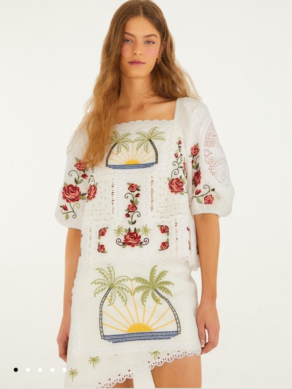 FARM Rio Off White Embroidered Puff-Sleeve Top with Red Roses & Green Palms